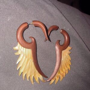 Fake Gauge wooden Gold wings opalescent earrings